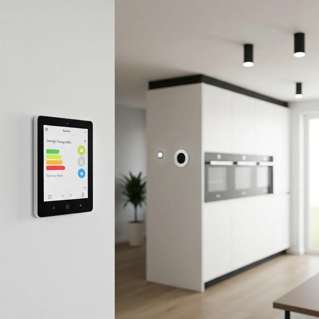 Smart thermostat displaying energy-saving settings for home heating