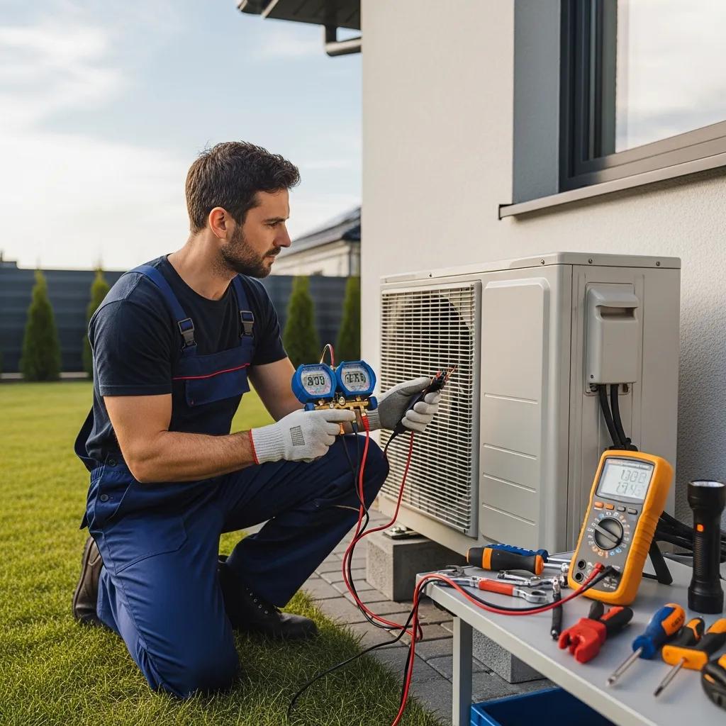 HVAC technician inspecting a heat pump outdoors, diagnosing a common issue