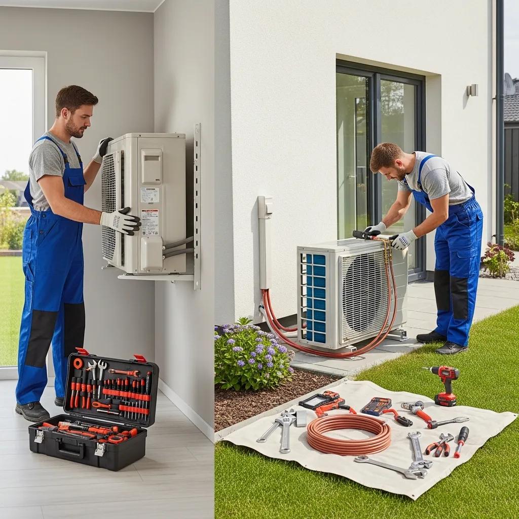 Team installing a heat pump system, showing professional installation steps