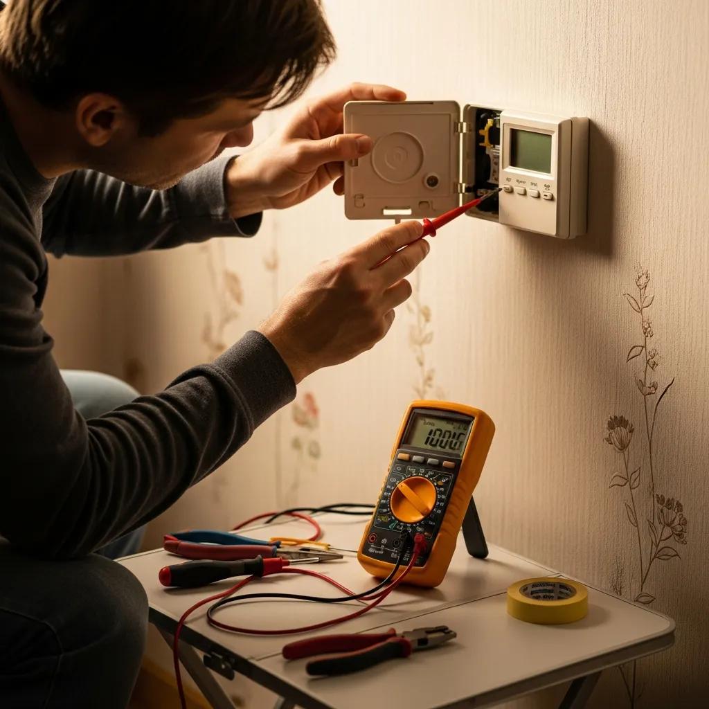 Technician checking a thermostat and its wiring in a home