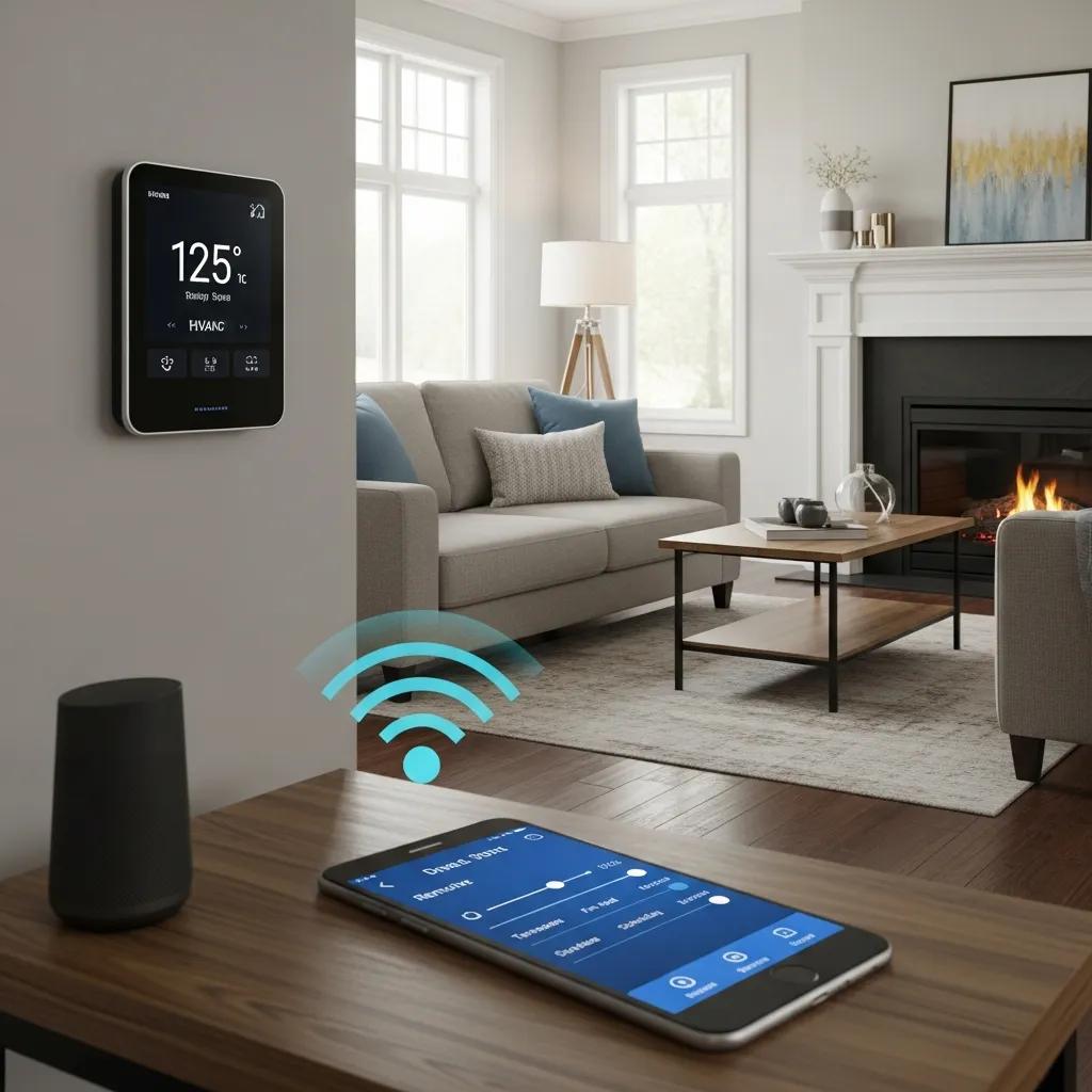 Cozy living room with smart home technology, highlighting integration of variable speed HVAC system and smart thermostat