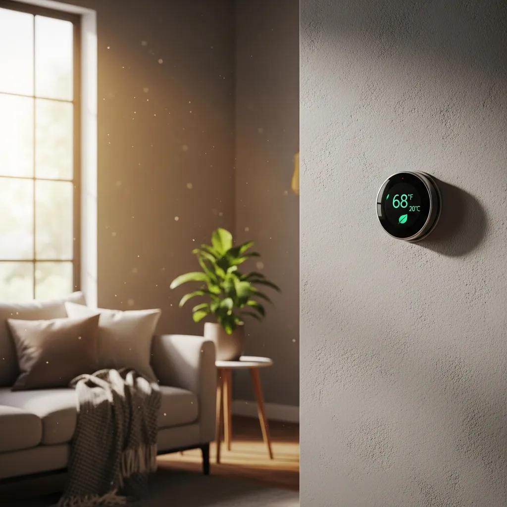 Smart thermostat in a cozy living room promoting energy efficiency