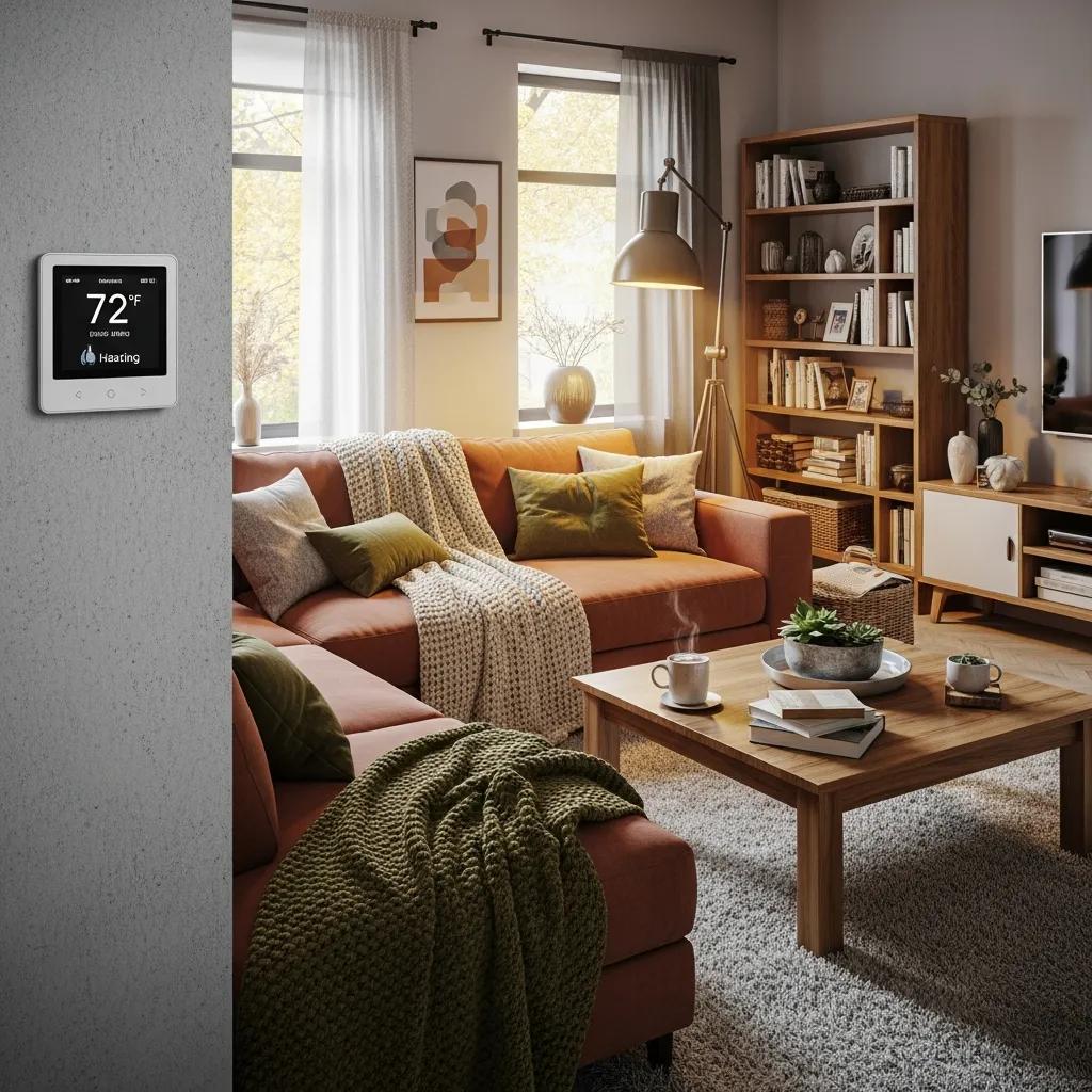 Blog 2 Modern thermostat in a cozy living room highlighting HVAC comfort