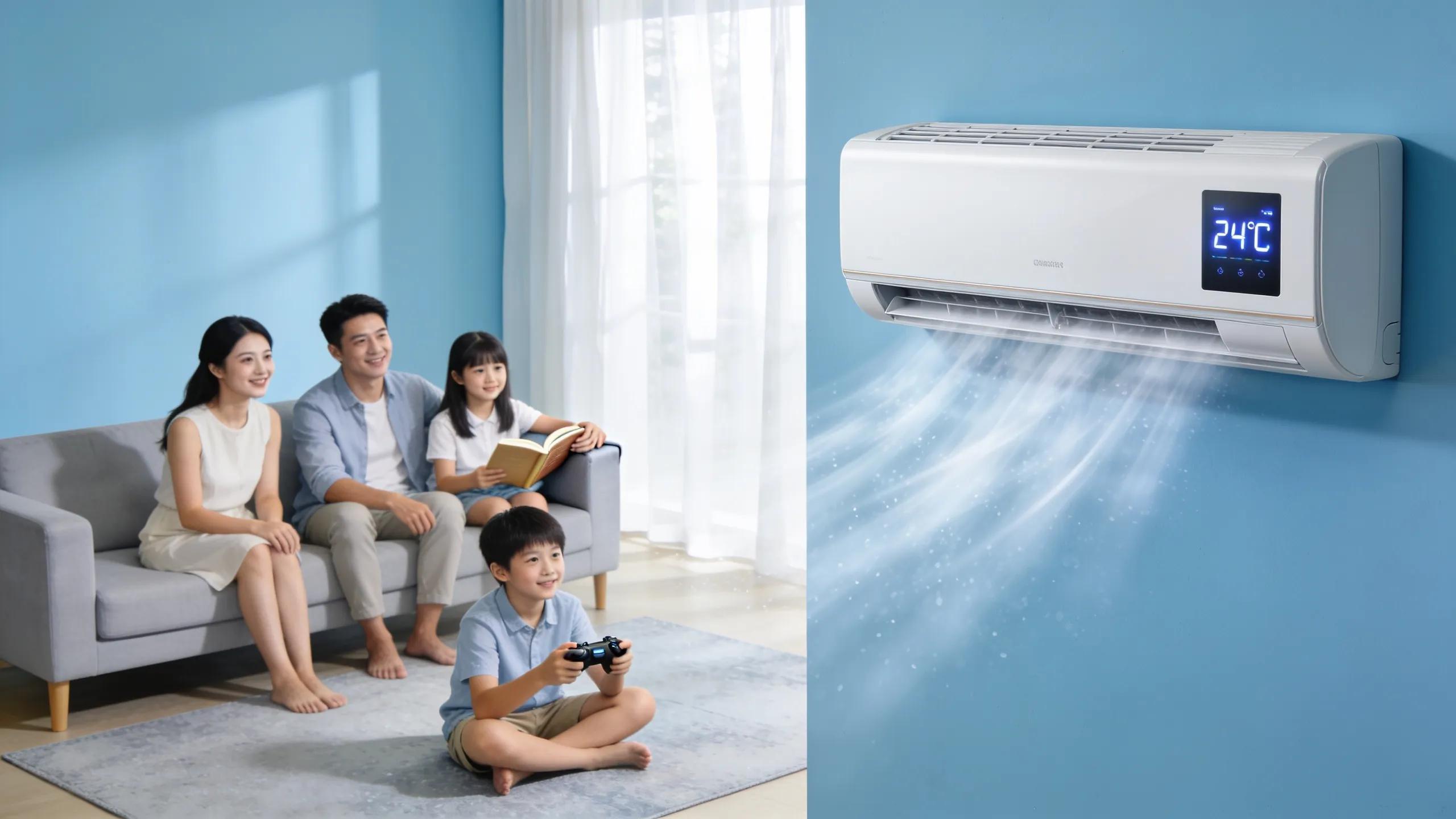 Family enjoying a cool indoor setting with air conditioning unit