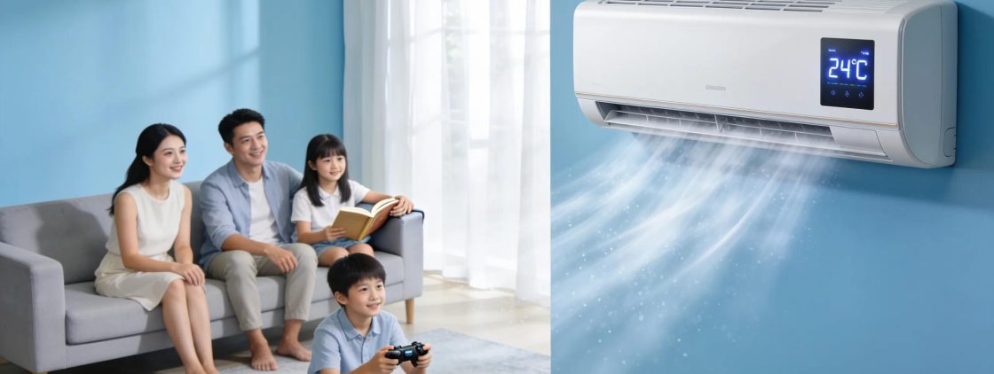Family enjoying a cool indoor setting with air conditioning unit