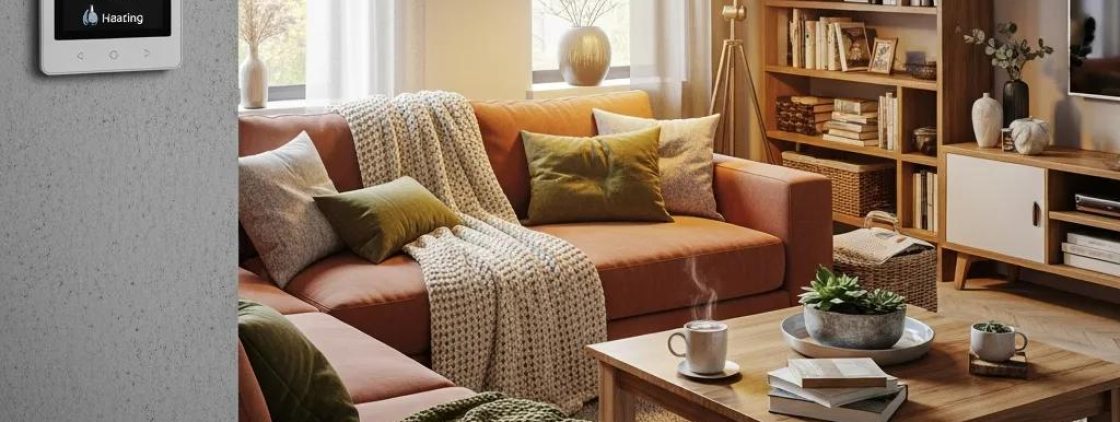 Modern thermostat in a cozy living room highlighting HVAC comfort