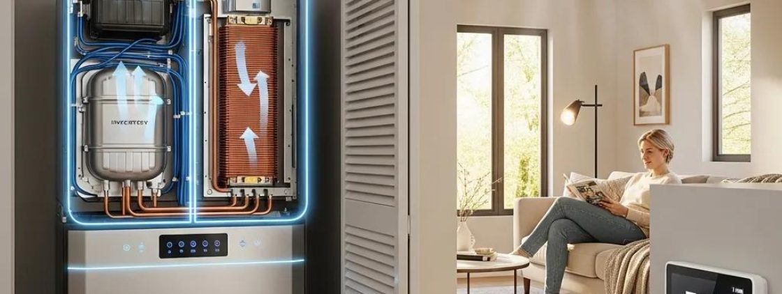 Modern variable speed HVAC system in a stylish home, highlighting energy efficiency and advanced technology