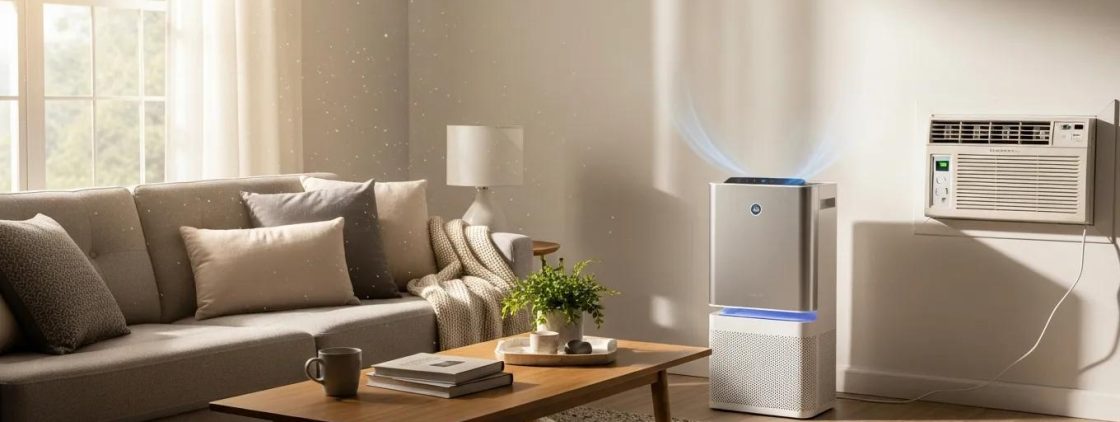 Stylish air purifier and HVAC vent in a cozy home interior emphasizing indoor air quality